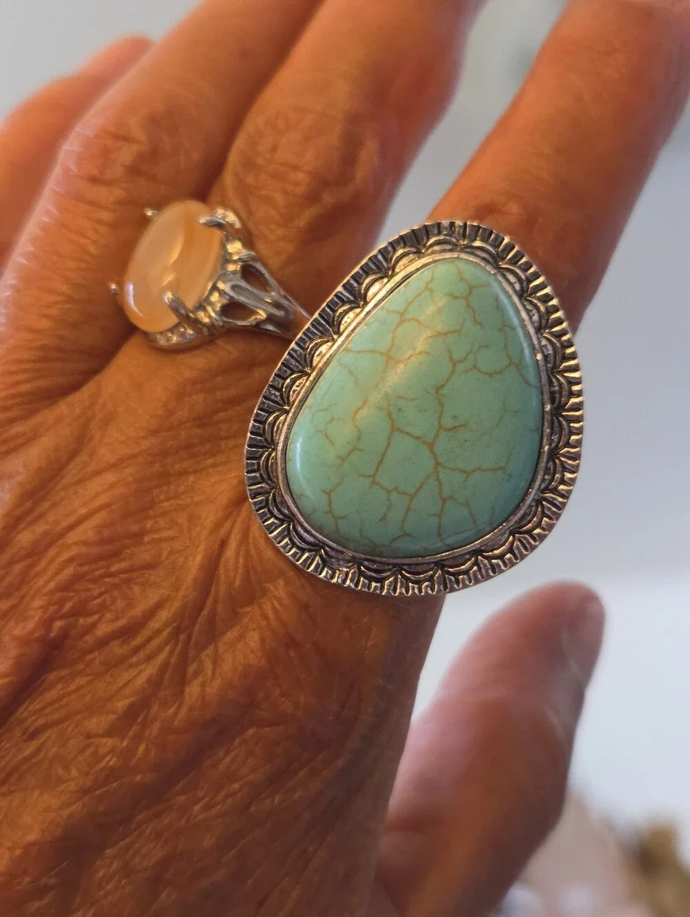 Artisan Faux Turquoise Silver Marbled Ring Size 9 Adjustable Statement Ring